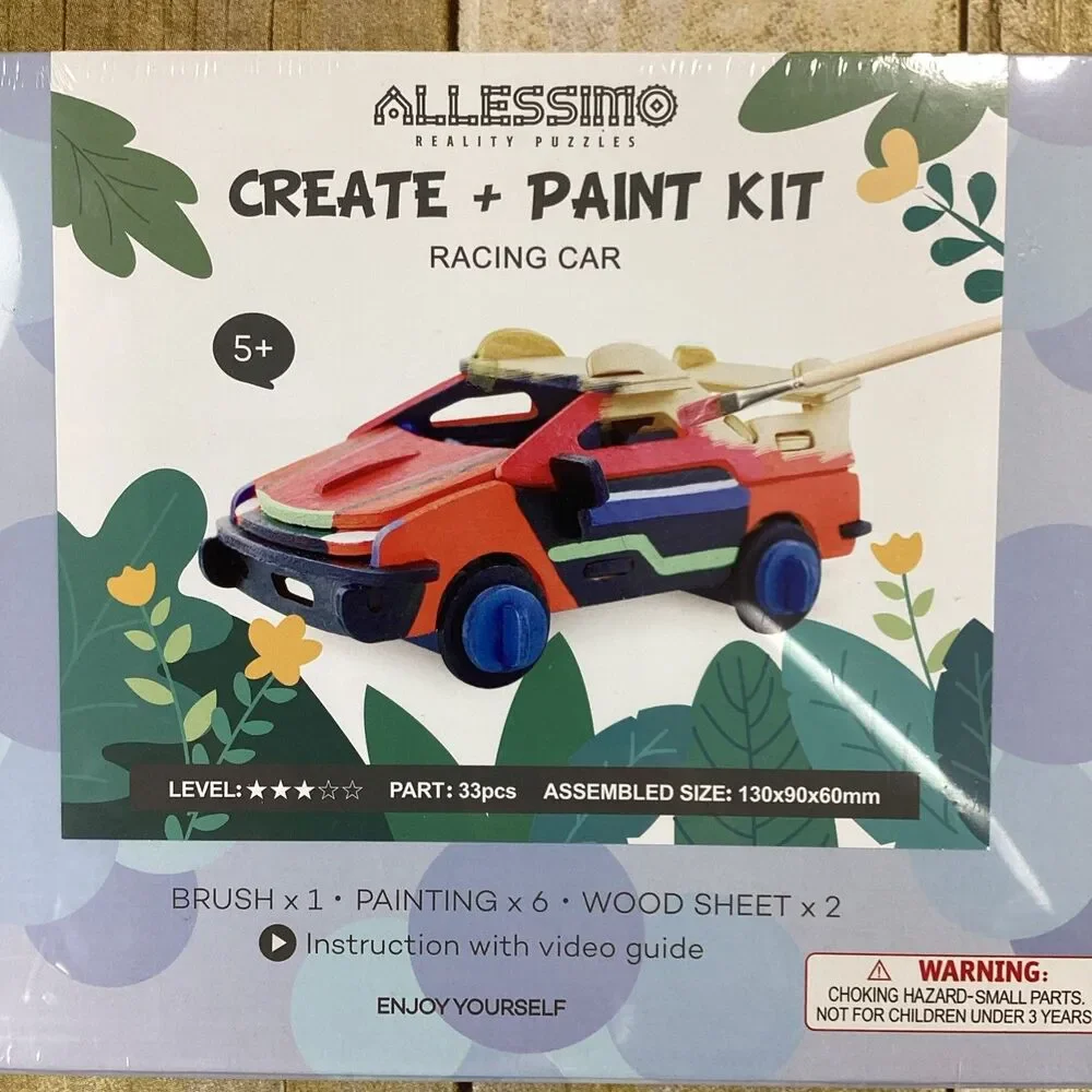 Allessimo 3D Wooden Race Car Model Paint Kit Kids 33pcs New Sealed
